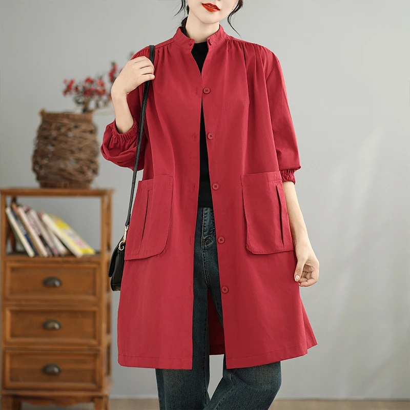 

Large Size Simple Loose Mid-Length Women's Coat with Big Pockets Autumn Winter New Style Artistic Retro Commute Polyester Fiber