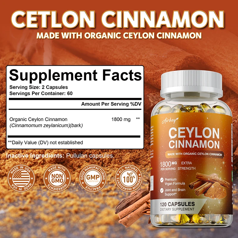 Ceylon Cinnamon Capsules - Natural Antioxidant, Supports Heart and Brain Health, Boosts Immunity and Improves Energy
