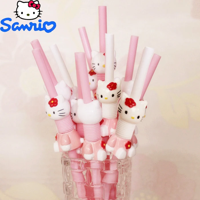 Kawaii Hello Kitty Straw Anime Cartoon Character Shape Retractable Bend Pink White Birthday Party Decoration Accessories Gift