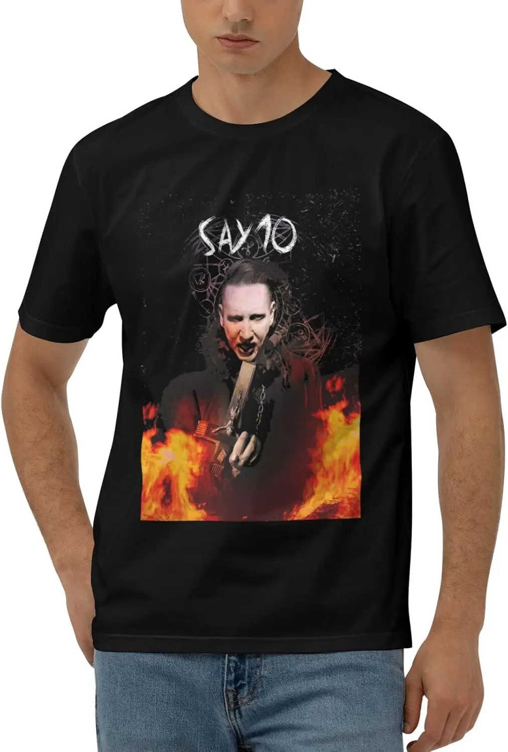 Marilyn Music Manson Shirt Soft Graphic Tees Loose Cotton Short Sleeve Casual Round Neck Shirt for Men Black