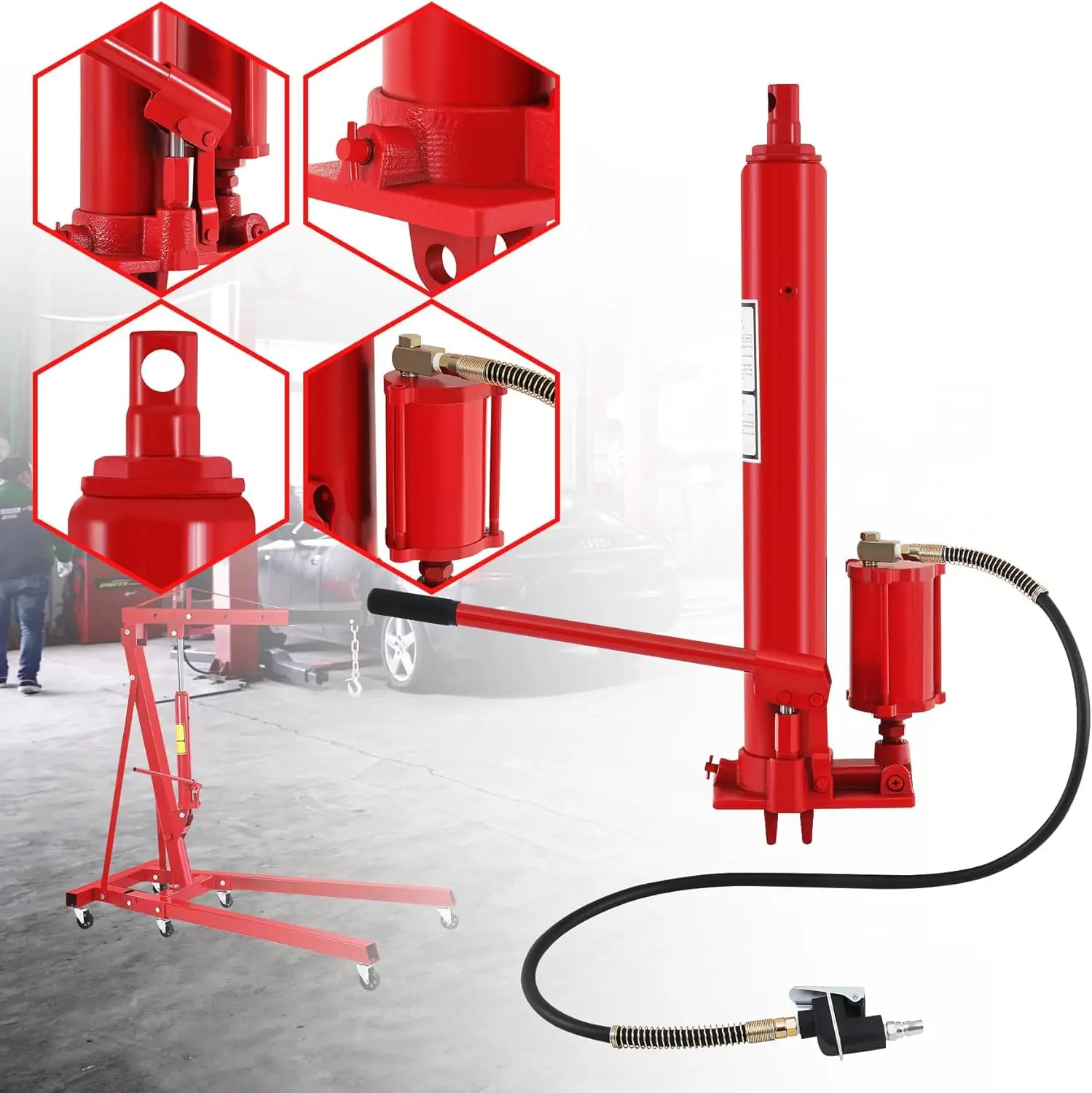 

8 Ton Hydraulic Long Ram Jack for Engine Hoist Cylinder with Air Pump & Clevis Base Fit for Engine Lift Hoists Hydraulic Garage