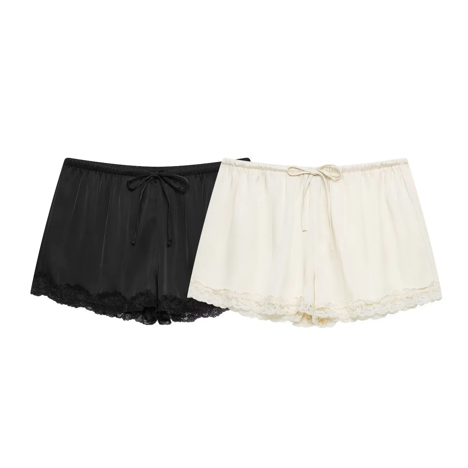 Summer New Fashion Lace Decorated Silk Satin Belted  Shorts Women's mid Waist Hip Lifting Pure Color Casual Online Exclusive