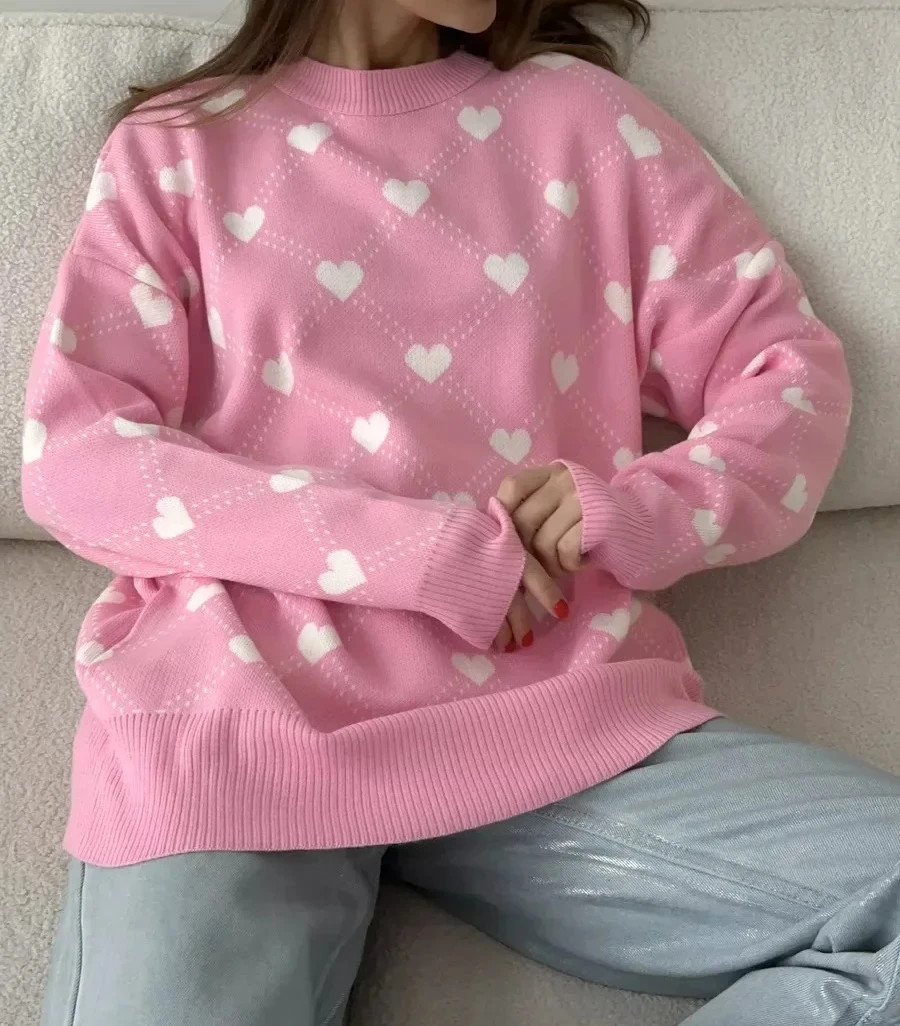 Otoño Invierno nuevo cálido estampado de amor suéter de cuello redondo para mujer suelto Casual longitud media moda Jersey Top