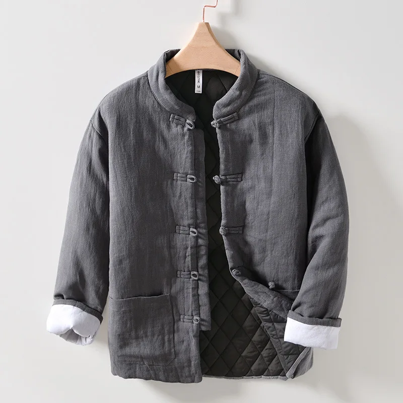 

Ретро-куртка повседневная теплая на флисовой подкладке, мужская, большого размера, свободного кроя, молодежная, универсальная, из хлопка и льна, верхняя одежда для повседневной носки