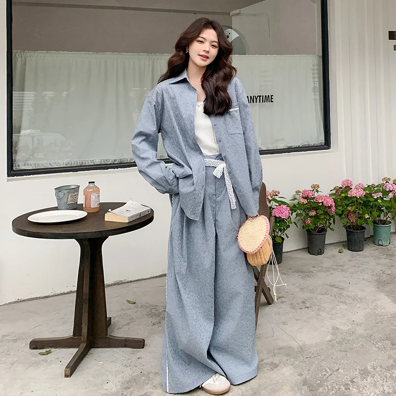 SuperAen kanten patchwork zakoverhemd voor dames 2025, lente en herfst, nieuwe Koreaanse stijl, mode, casual, lange broeksets met wijde pijpen