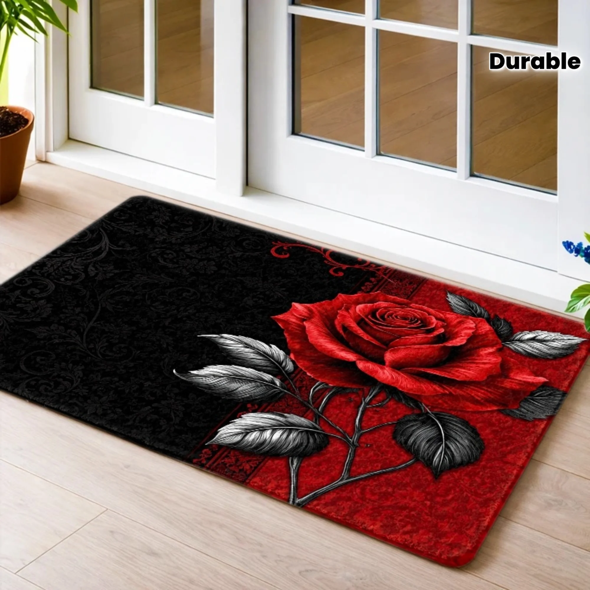 Gothic Red Rose Pattern Area Rug, Non‑Slip Washable Durable Floor Decor, Versatile Home Ornament for Bedroom, Living Room