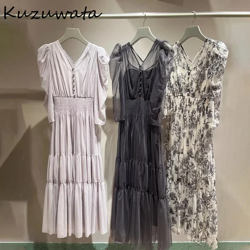 Kuzuwata 2025 ฤดูใบไม้ผลิใหม่Elegantพิมพ์RobeจีบสูงเอวSlim Commuterชุดญี่ปุ่นRuchedยืดเอวVestidos