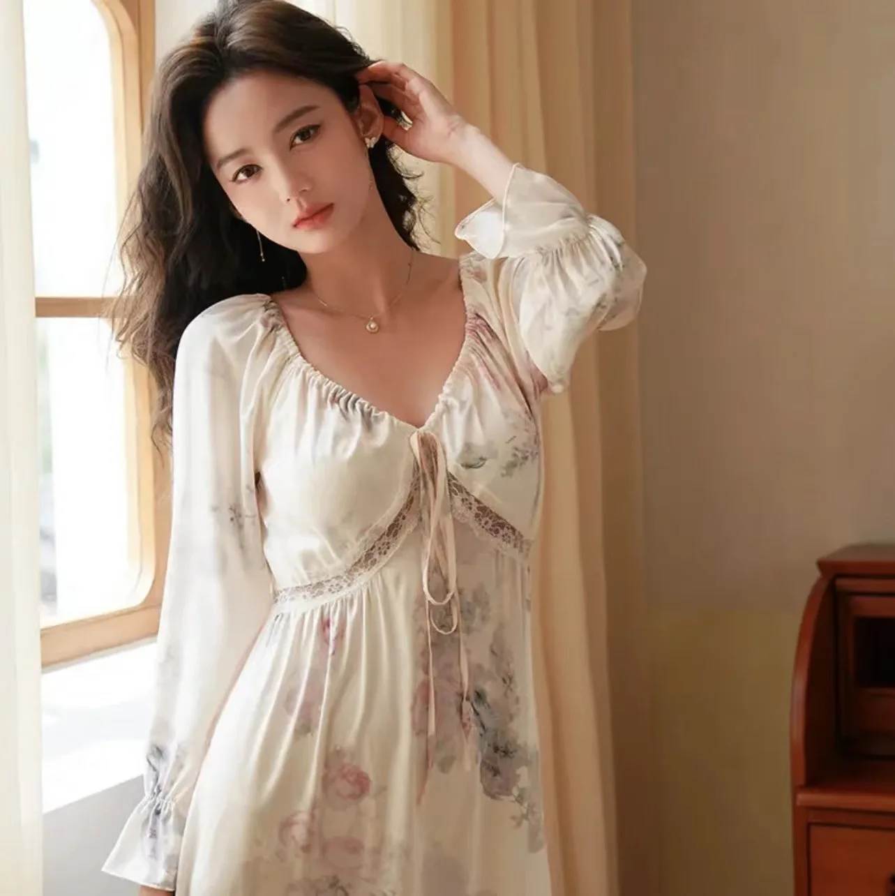 Floral Print Women Nightgown Summer Lace Patchwork Ice Silk Ladies Night Dress Long Sleeve Sexy Lace Up Nightdress for Female