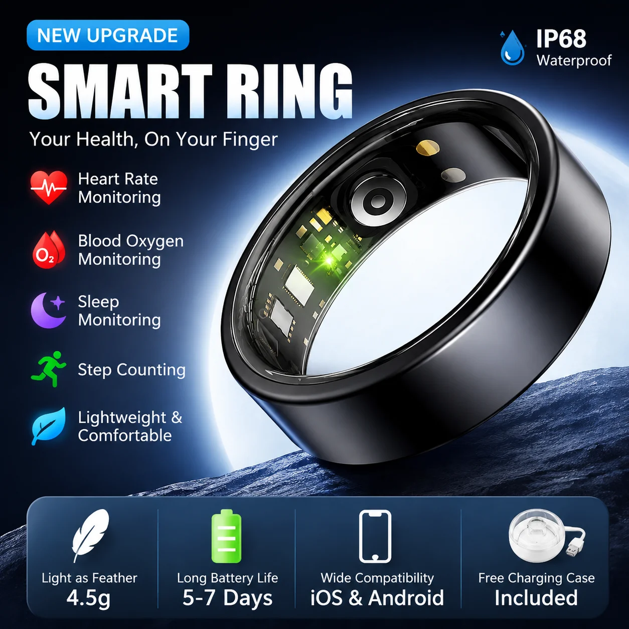 Intelligenter Ring für Männer und Frauen, Herzfrequenz-/Blutdruck-/Sauerstoffmessung, Fotokontrolle, Outdoor-Smartring, GPS-Tracking für iPhone R12