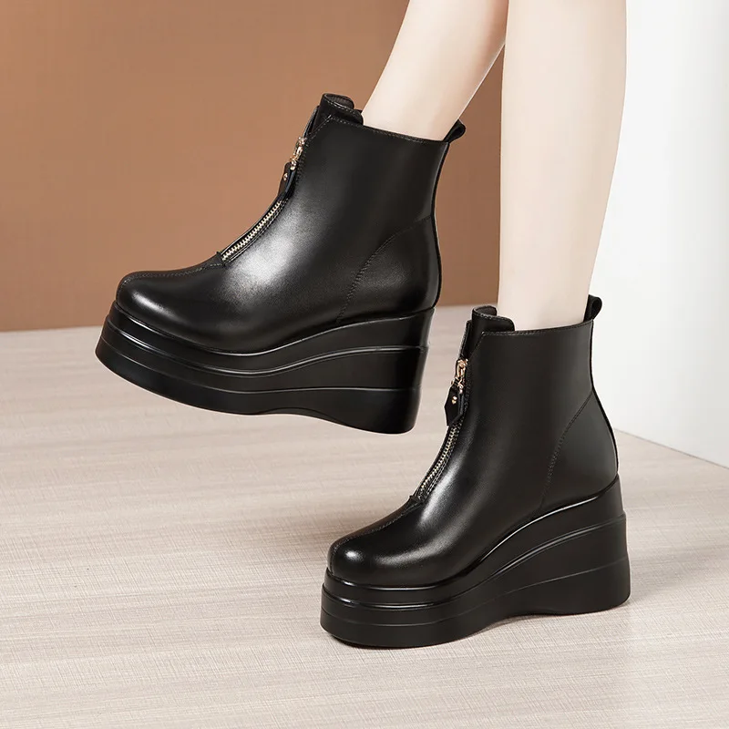 

8cm Fashion Comfortable Thick Platform Wedges Shoes Winter Boots 2025 High Heels Soft Leather Ankle Boots with Fur for Mom