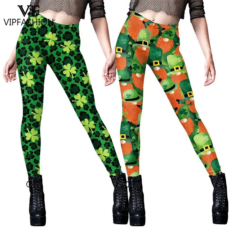 VIP FASHION St. Patrick\'s Day Leggings Women Green Holiday Pants Sexy Elastic Tights Clover Printed Trousers Girls Party Bottom