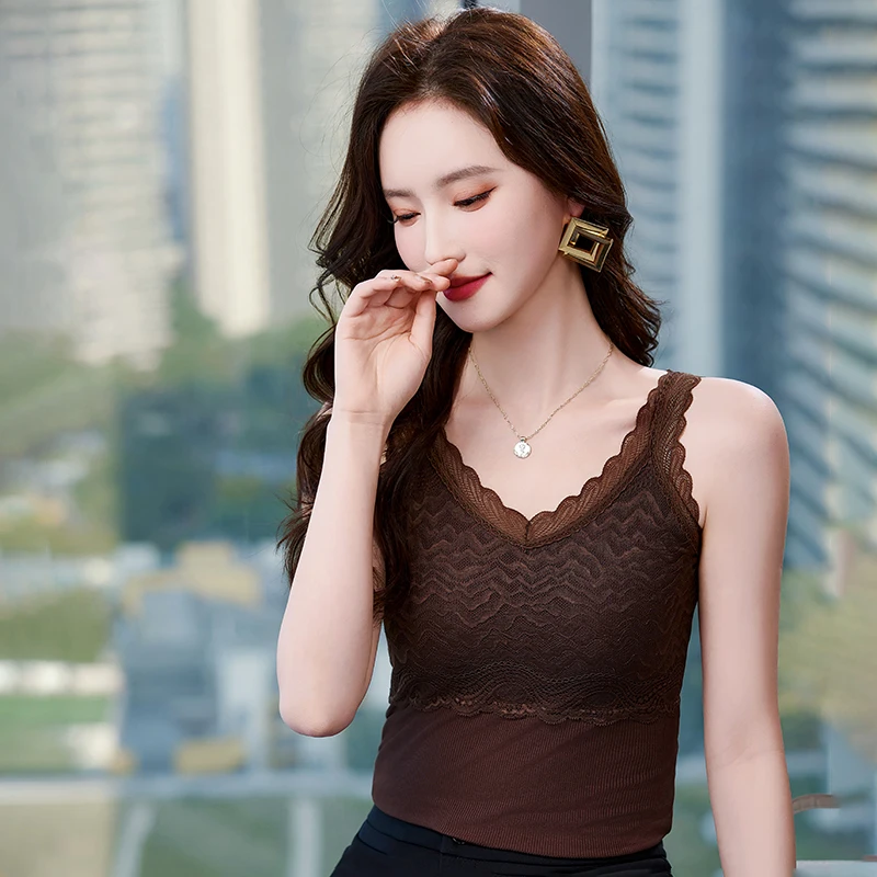 Sexy fil tricoté dentelle Camisole gilet col en v professionnel bas débardeurs été décontracté femmes Camis hauts