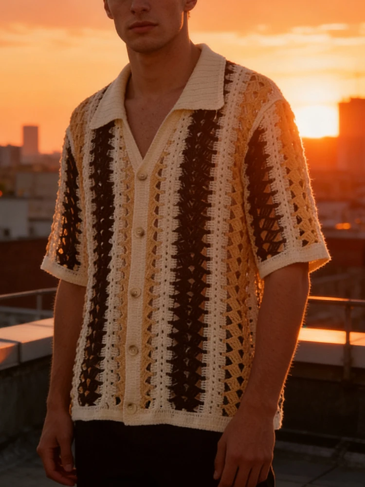 

2026 Spring Summer Casual Mens Knit Shirt Tops Vintage Hollow Out Knitted Shirts Men Fashion Contrast Color Striped Shrits