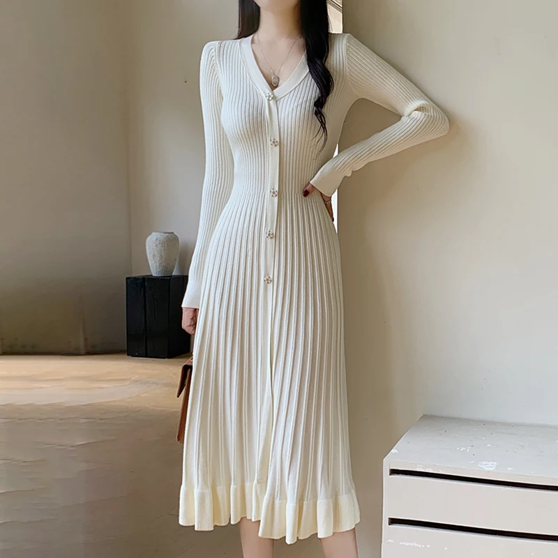 Elegant Women autumn winter V-Neck button decorative pleatwear long dress OP1989