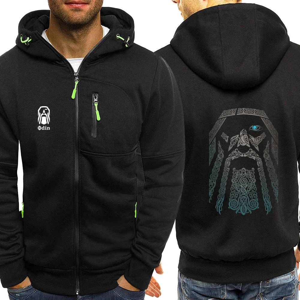 2024 Spring Autumn Men's Vikings Odin Warrior Legend Logo Print Trendy Hooded Vertical Zip Sweatshirt Streetwear Casual Hoodies