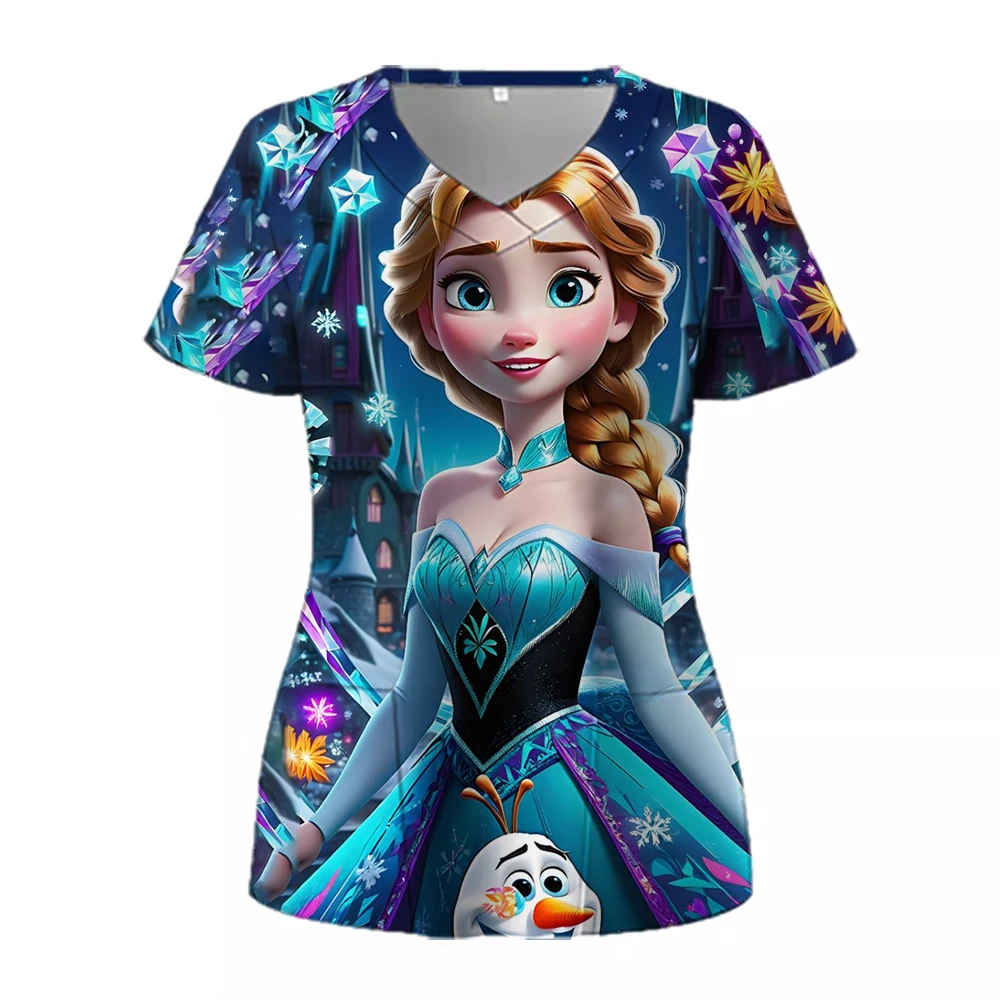 Women Nurse Uniform Disney Princess Print Frozen Elsa Uniforms Cartoon nurse Nursing Scrubs Tops Uniforme enfermera Kawaii