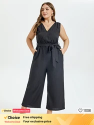 Plus Sized Clothing Women Sleeveless Solid Elegant Summer Black V-Neck Belted Wide Leg Tank Jumpsuit with Pockets Playsuits