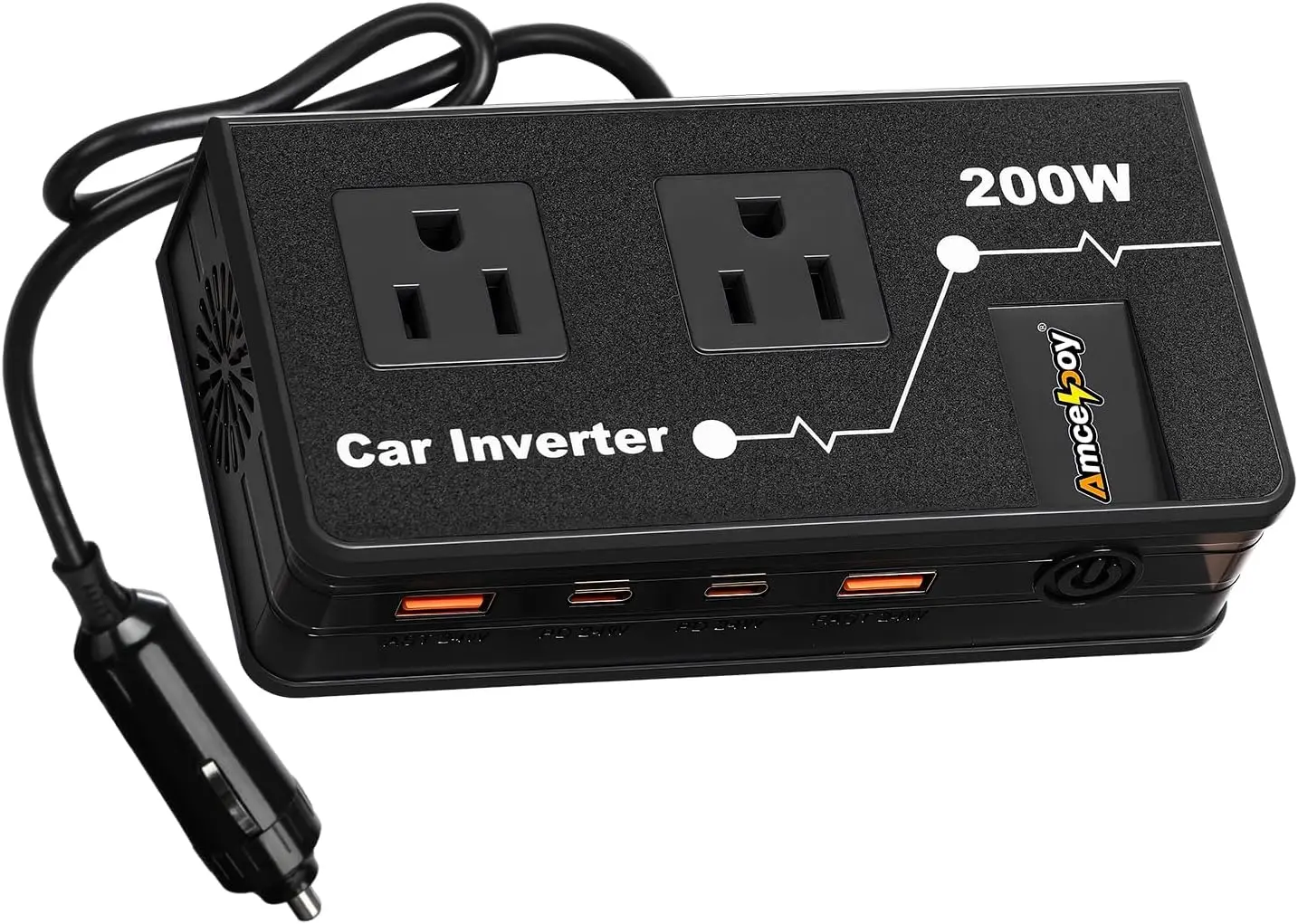 

200W Car Power Inverter, Dual USB-C & USB Charging, 12V to 110V AC Adapter for Phone, Laptop – Black