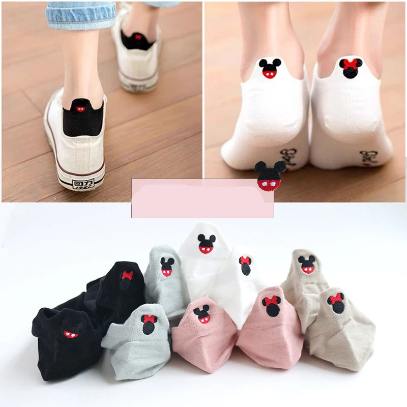 1 Paar Cartoon-Socken, niedrige Bootssocken, Cartoon-Stickerei, Maus-Knöchelsocken, Damensocken, Baumwolle, niedrig geschnitten, Kawii, Größe 36–40