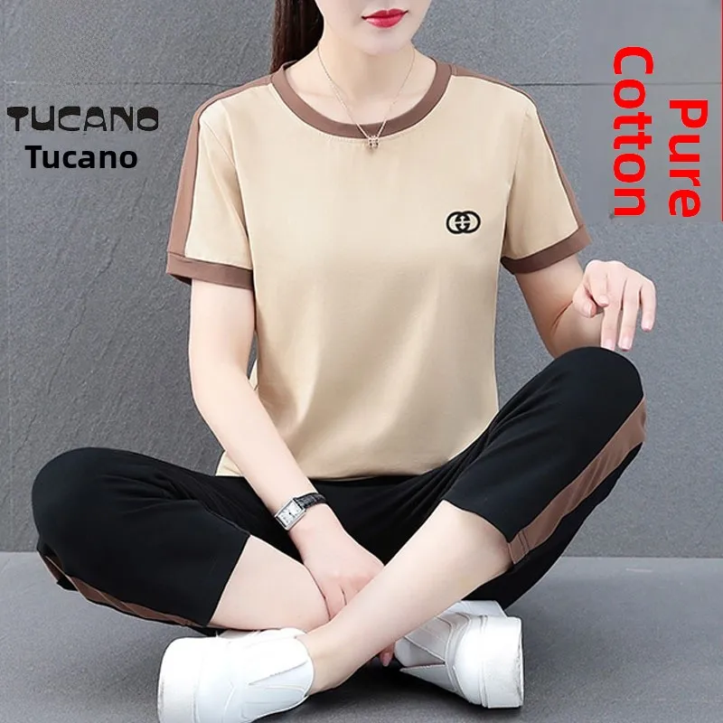 

TUCANO 2024 Новинка лета: Женский спортивный костюм свободного кроя для бега и фитнеса, повседневный комплект из двух предметов из хлопка