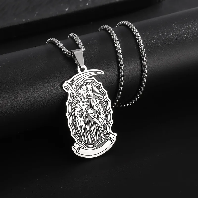 Retro Punk Stainless Steel Holy Death Skull Scythe Pendant Necklace for Men  Gothic Jewelry Halloween Gifts
