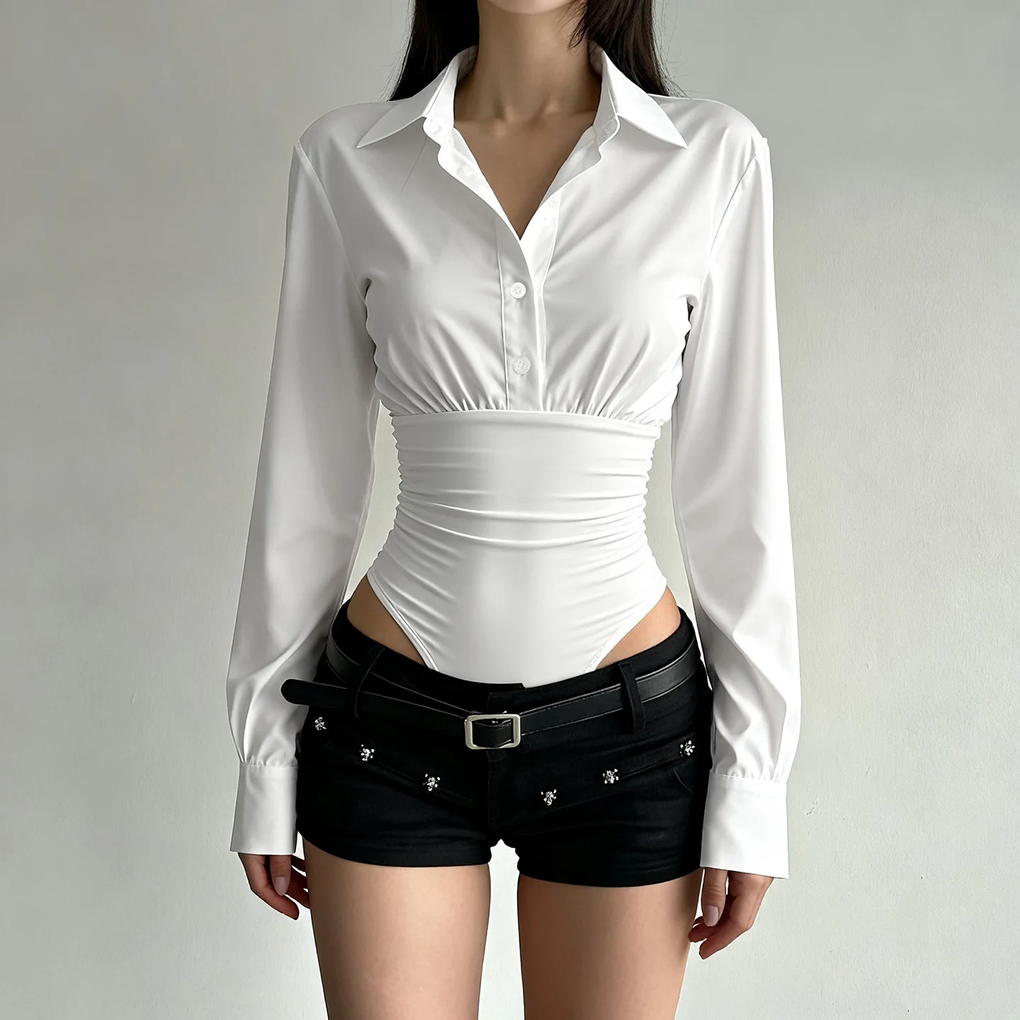 French style loose slimming POLO collar sexy simple long sleeved jumpsuit for women