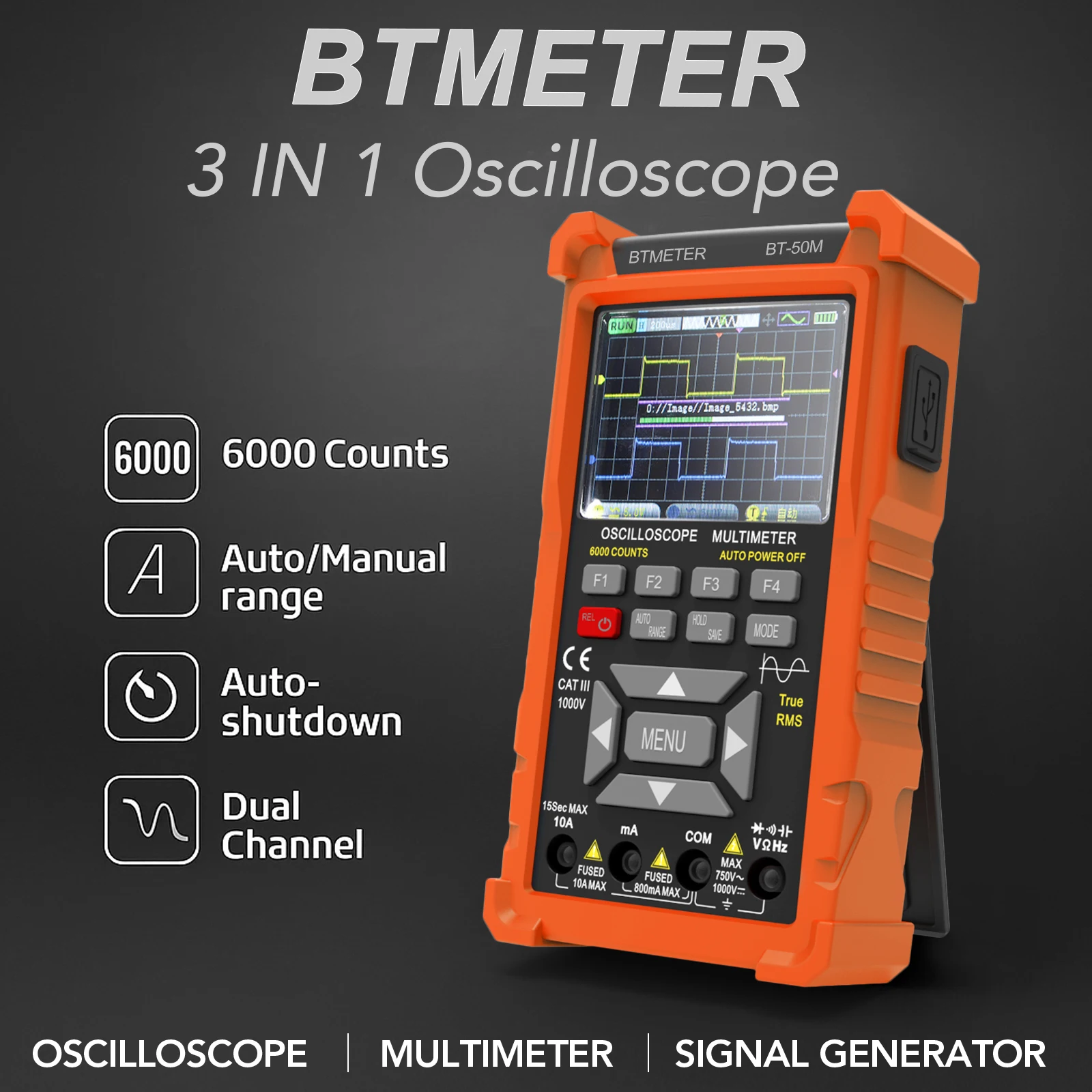 

Signal Generator, Oscilloscope & Multimeter 3-in-1 Functional Instruments 50MHz Dual-Channel Bandwidth, 6000 Character Display