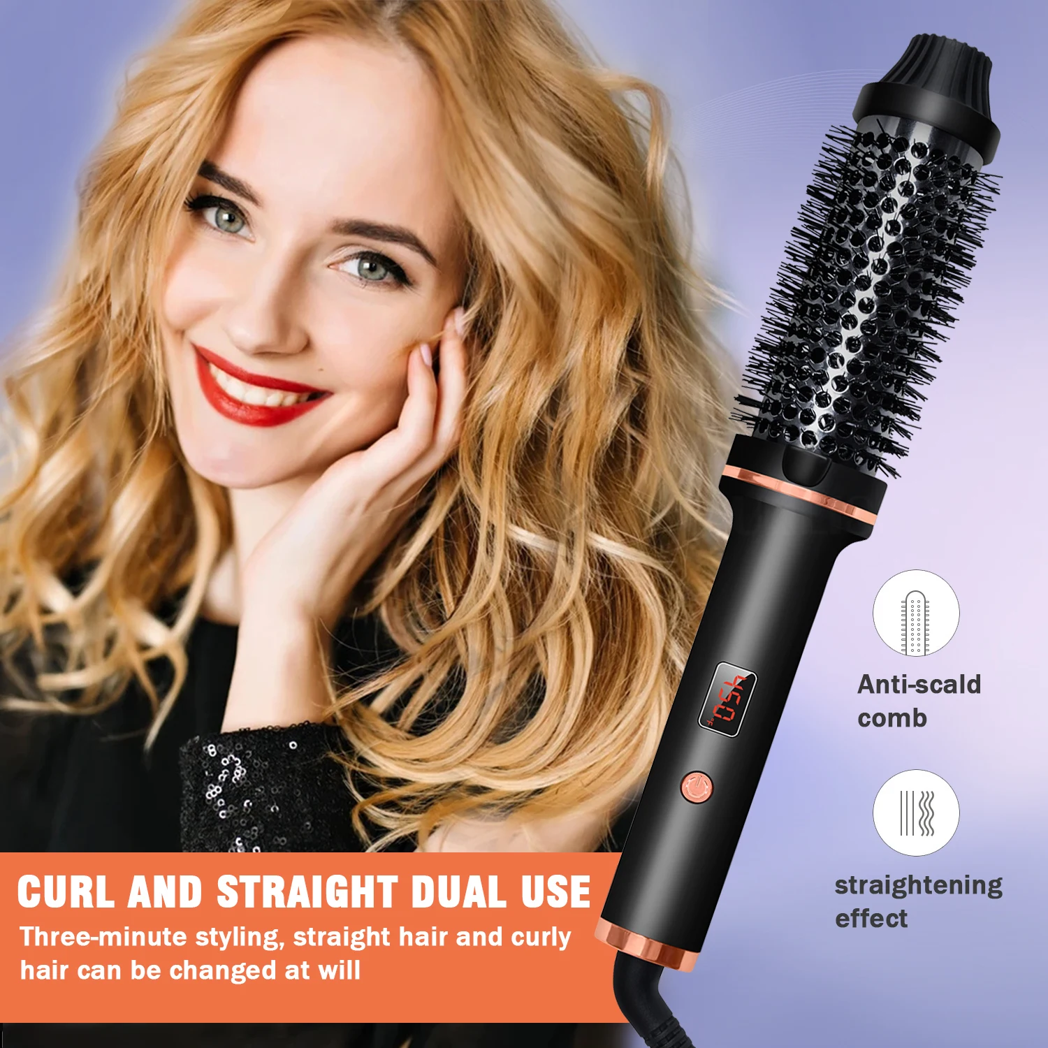 Curling Iron Brush PTC Heated Thermal Brush Ceramic Hair Curler Hot Brush Create Loose & Volume Curls Heating Hair Styling Brush