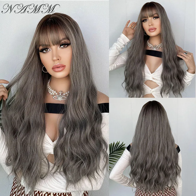 

NAMM White/Pink/Blonde/Ombre Brown to Gray Color Long Wavy Synthetic Wigs for Women Cosplay Hair Heat Resistant Wig with Bangs