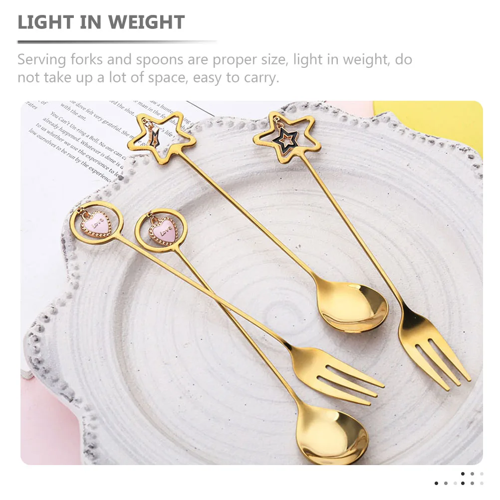 

2 set 2 Sets Stainless Steel Fruit Fork Spoon Dessert Serving Set Resin Handle Cake Ice Cream Salad Gold Tea Mixing Stirring