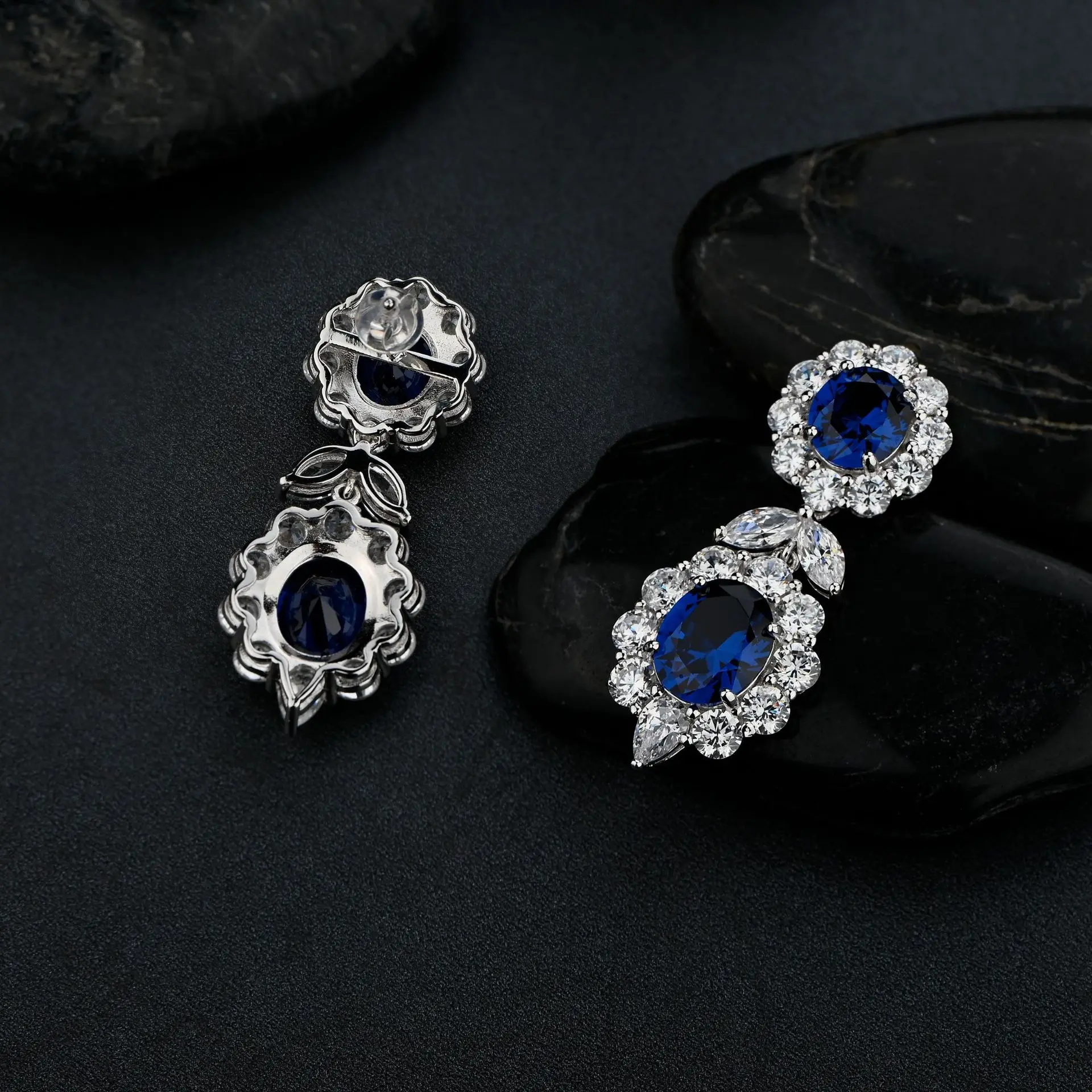 S925 Sterling Silver Double Flower Azul Principal Pedra Brincos, Borda Diamante, Exagerado Luxo Estilo Retro Palace, Novo