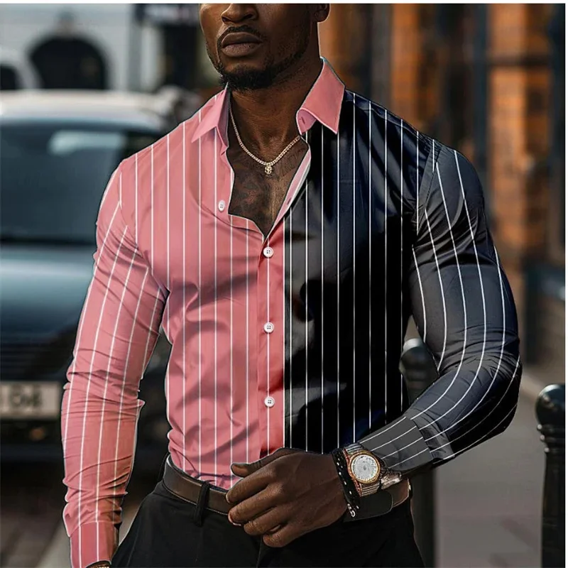 Business Casual Men's Line 3D Printed Shirt Formal Summer Spring Autumn Lapel Long Sleeve Shirt XS-6XL Fast Shipping 2024