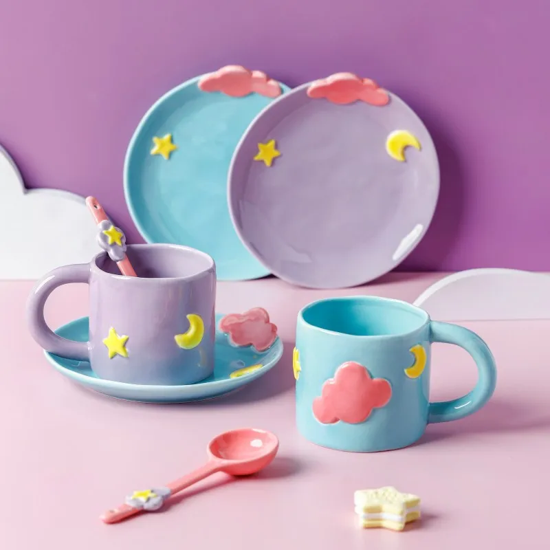 Cute Star Moon Cloud Coffee Mug for Kids, Coffee Cup, Spoon Set, Japanese Style, Fairy Ceramic Snack Plate, Girl Gift, 400ml