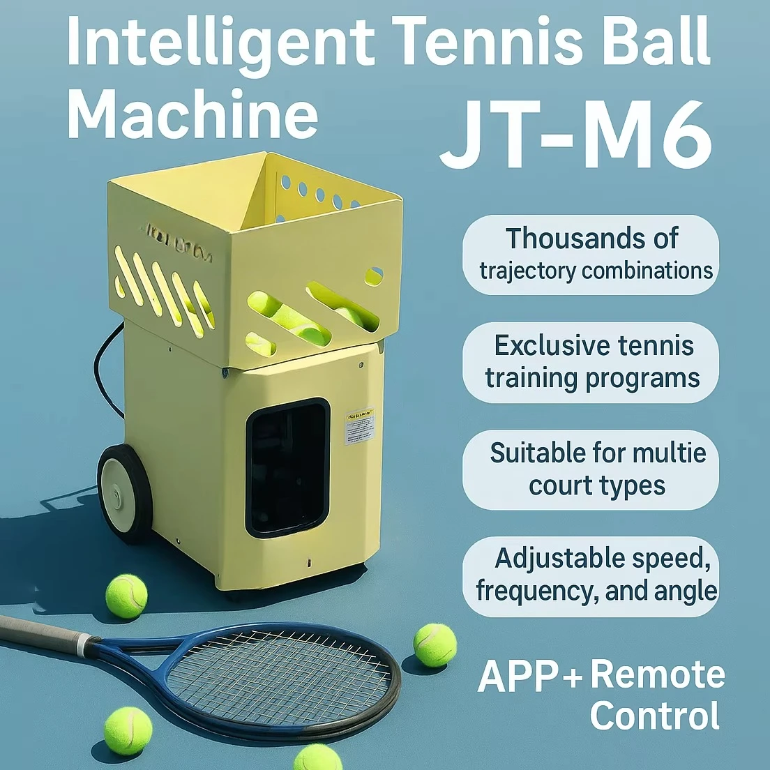 Tragbare Court-Tennisballmaschine, kontinuierliches Futter, geräuscharm, geeignet für das Übungstraining im Innen- und Außenbereich, Tennisballmaschine
