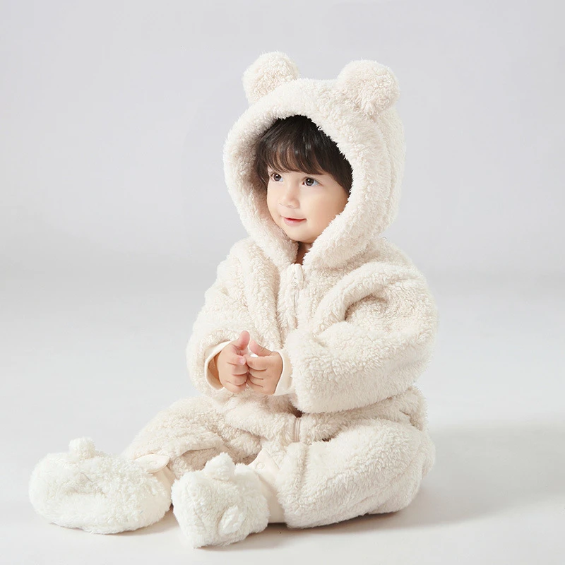 Autumn Winter Fluffy Warm Baby Jumpsuit Cute Bear Ear Hooded Thicken Infant Toddler Outerwear Fleece Onepieces Outfit