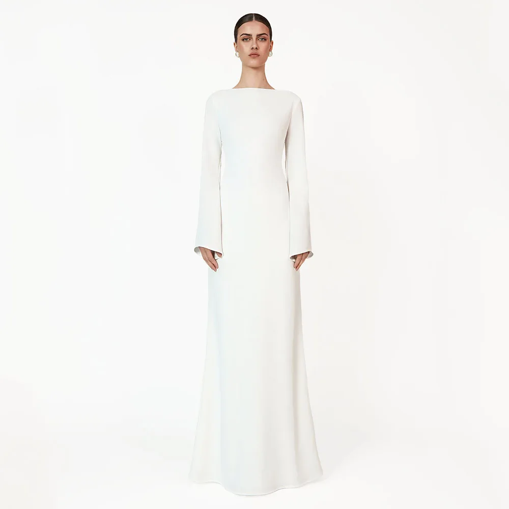 

Mermaid Evening Dress Ivory Backless Boat Neck Long Sleeves Elegant Evening Gowns for Women Pearls Trumpet Formal Party Dresses