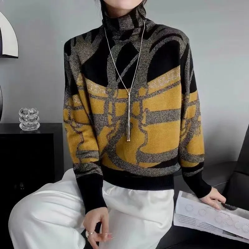 

Fashion Winter Thicken Warm Turtleneck Sweater Boho Pattern Y2K Vintage Knitting Pullover Brown Long Sleeve Jumper Tops Japanese