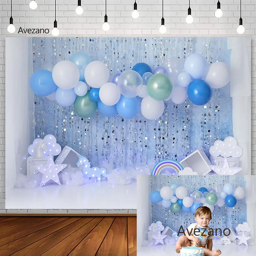 

Avezano Photography Background Blue Balloon Rainbow Shine Light Cloud Boy Birthday Party Cake Smash Backdrop Photo Studio Decor