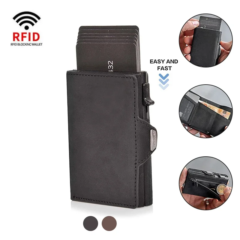 100% Crazy Horse Genuine Leather Men Wallets Rfid Card Holder Coin Pocket Wallet Money Bags  Metal Walet Male Leather Purses