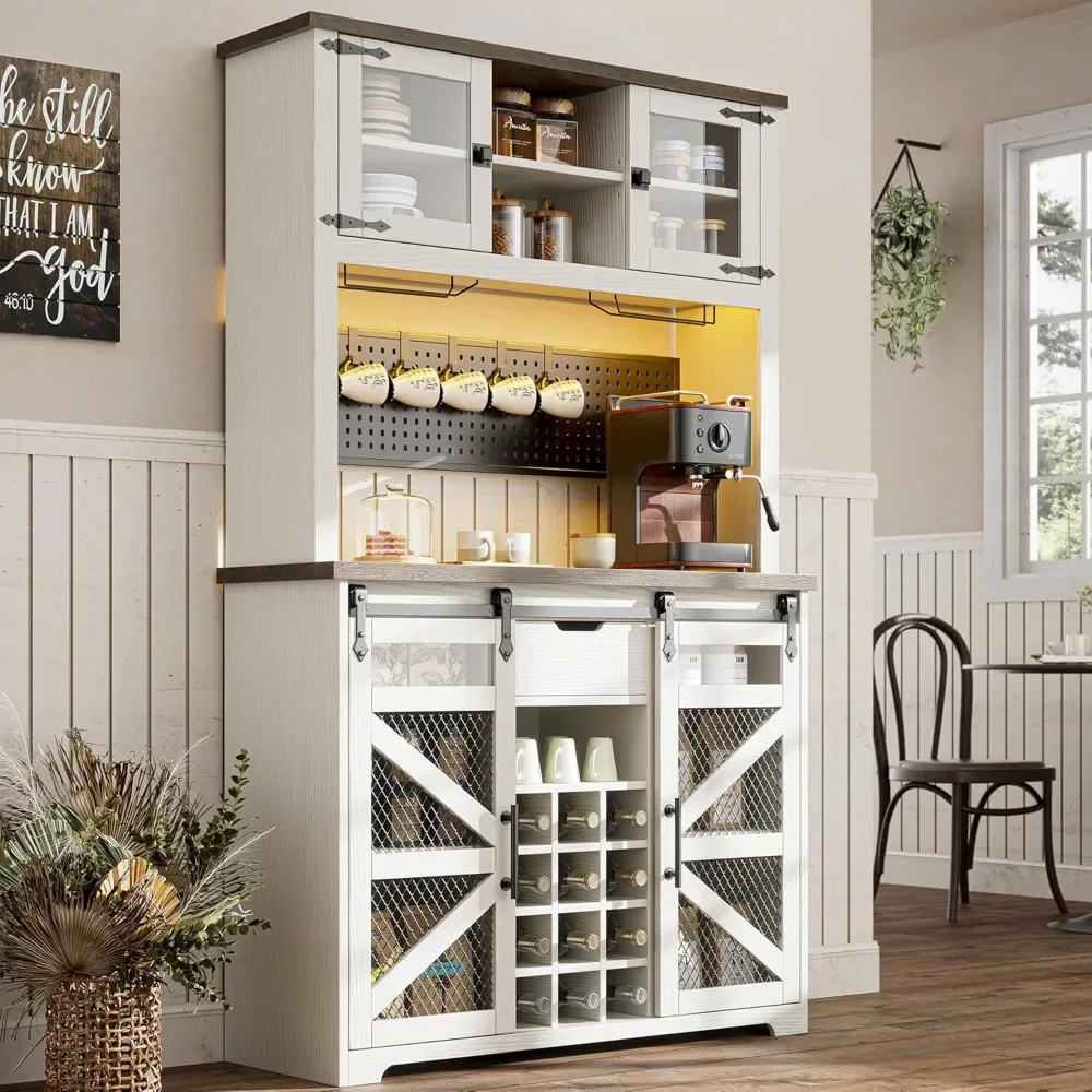 

FarmhouseCoffeeBarCabinetwithPowerOutlet, LED Light, 70'' KitchenBuffet with Hutch W/13 Storage Shelves, 12 Wine Rack, Pegboard