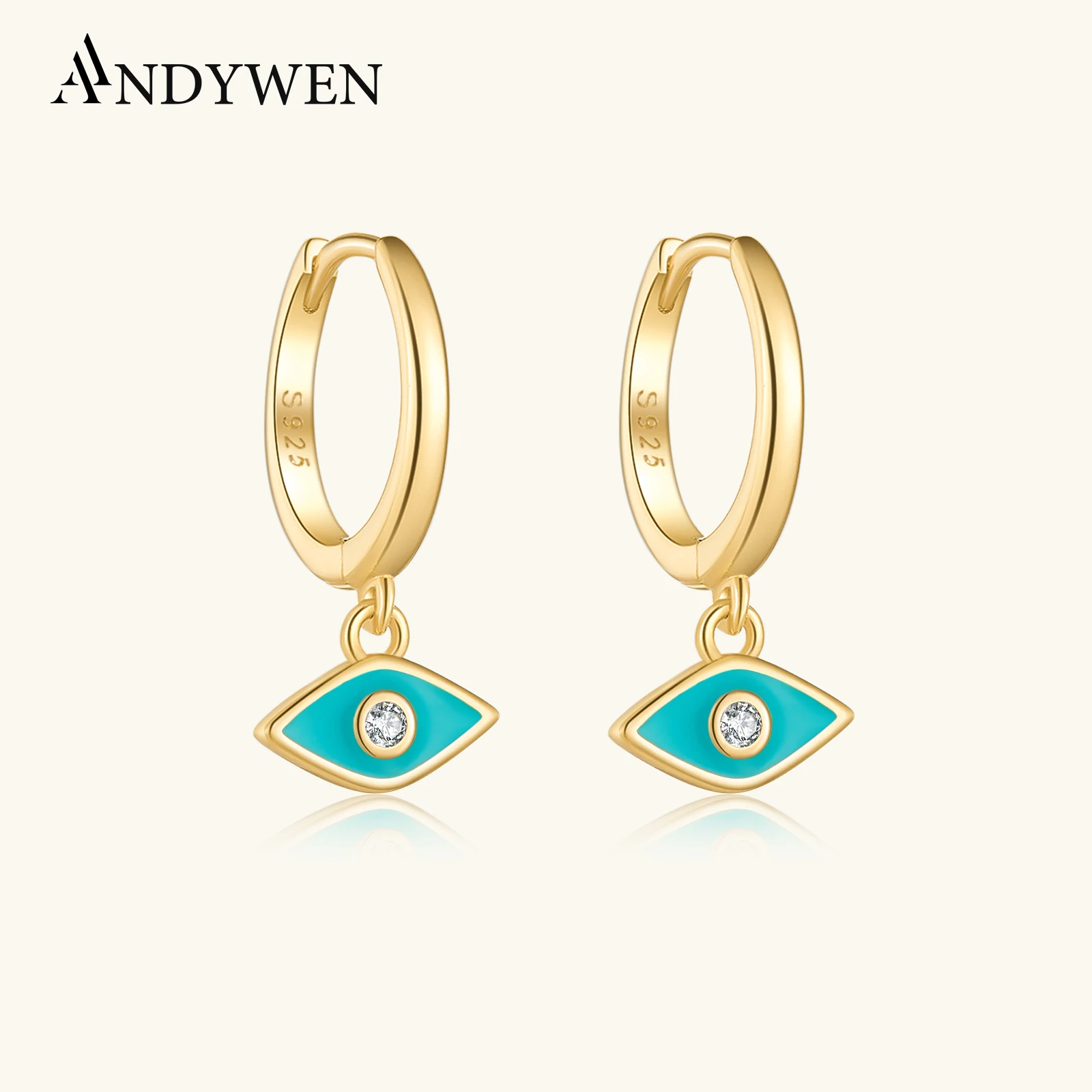 

ANDYWEN 925 Sterling Silver Gold Eye Charm White Turquoise Drop Earring Piercing Pendientes Clips Luxury Jewelry Gift Crystal