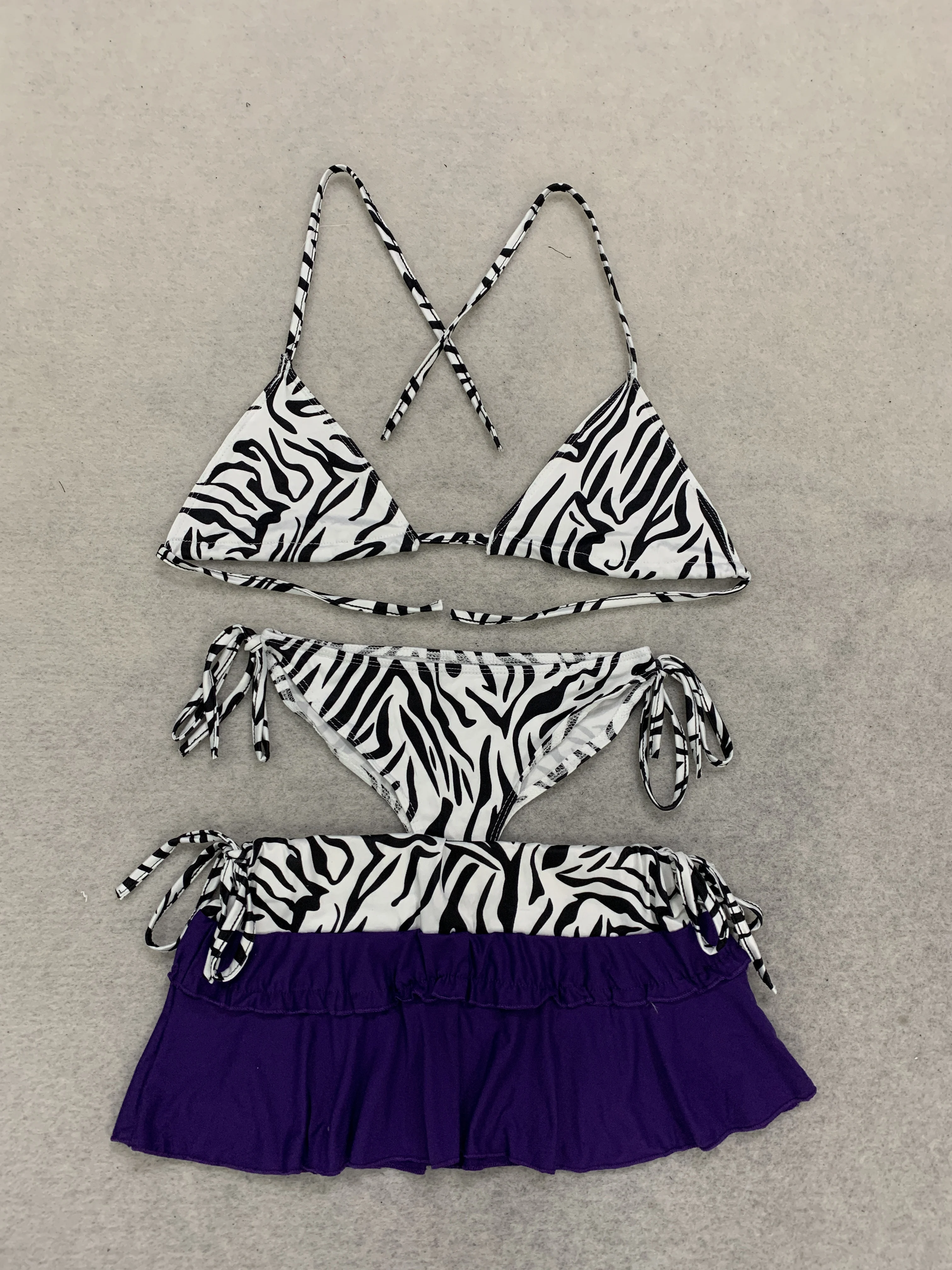 Zebra Print 3 Piece Bikini Set Halter Tie‑Side Swimsuit With Purple Ruffle Cover‑Up Skirt
