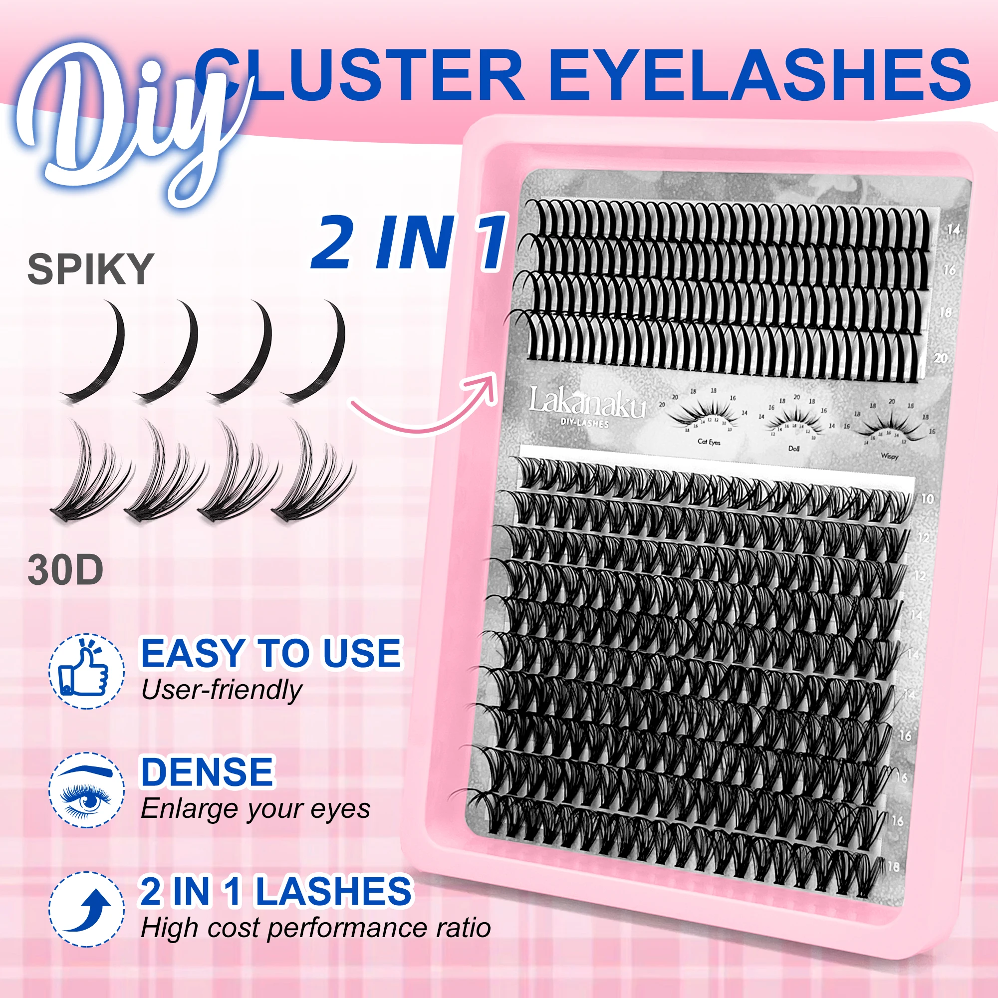 라카나쿠 308개 DIY 5D 플러피 클러스터 속눈썹 및 페어리 스파이크 속눈썹 애니메이션 두꺼운 자연스러운 개별 속눈썹 연장