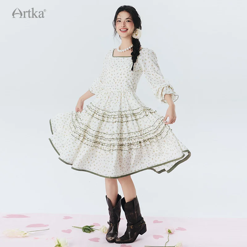 ARTKA 2025 Spring New Women Dress Elegant French Floral High Waist Dress Retro Square Collar Long Dresses LA02051C