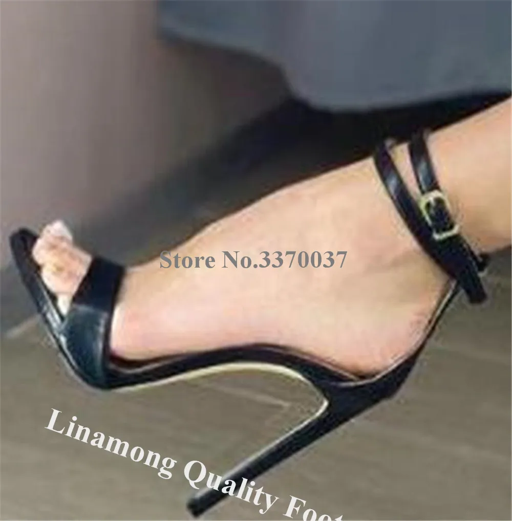 Linamong Classical Style Thin Heel Sandals Open Toe Black White Matte Leather Ankle Straps Stiletto Heel Dress Shoes Big Size