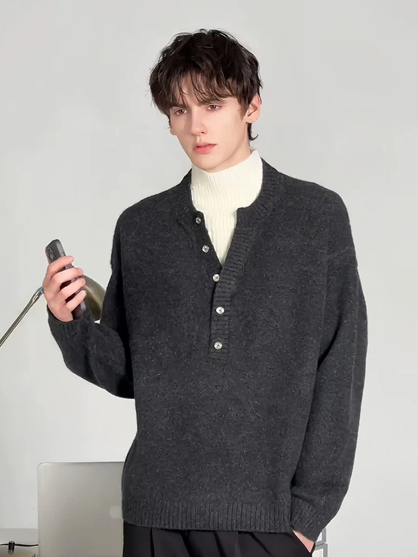 

Deep ey Men's Knitted Sweater f High Collar V-Ne Base Layer Inner Wear Casual Loose Fit Autumn Winter Korean Sle