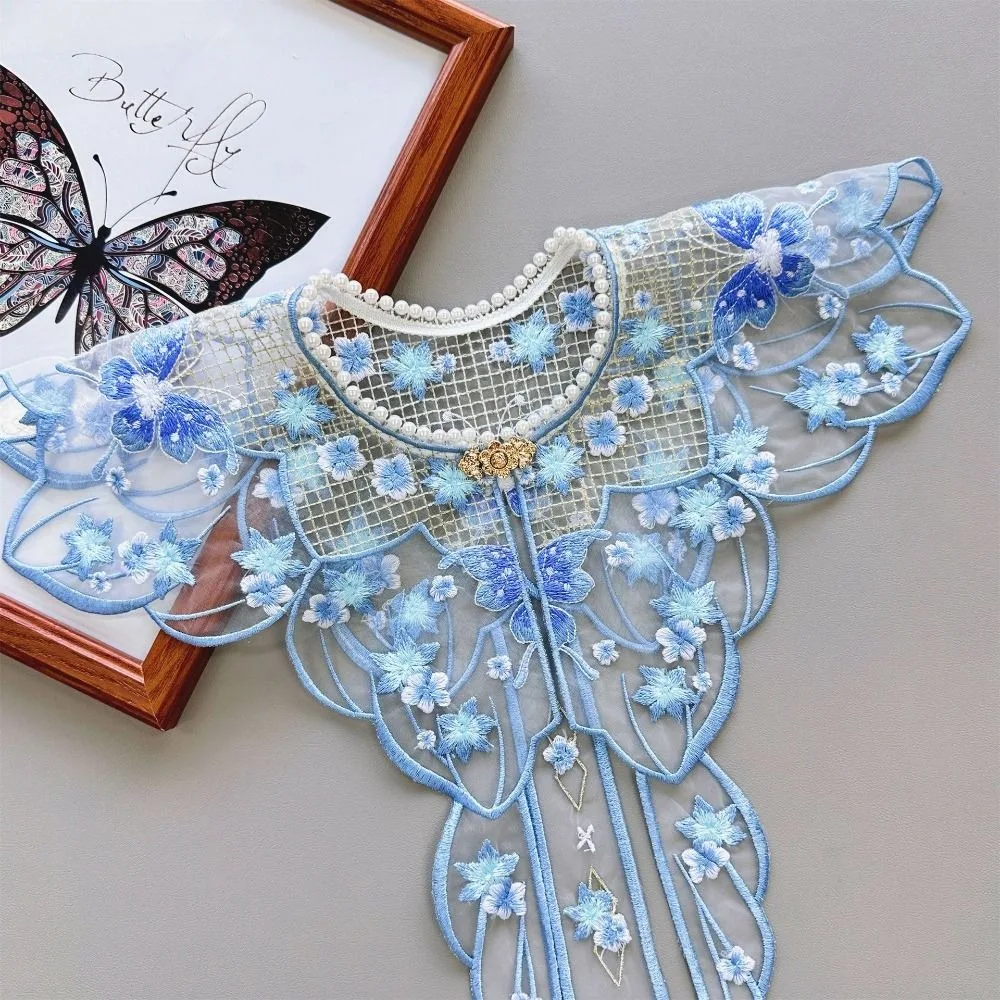 Embroidery Butterfly Hanfu Shawl Traditional Chinese False Floral Yunjian Round Neck Pearl Kids Shirt False Collar