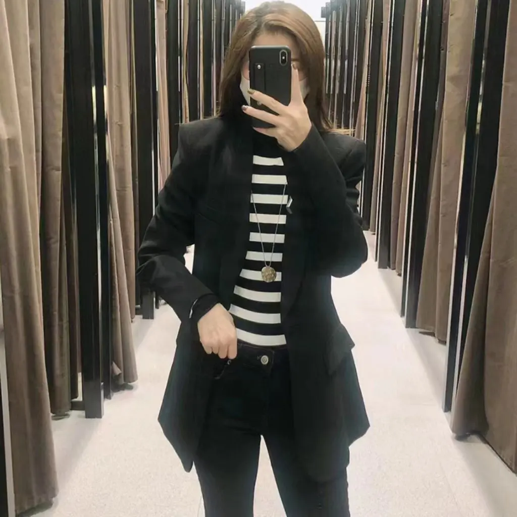 

TH2024 Women's Classic One-Button Suit Jacket Spring/Summer Green Fruit Collar Triacetate Blend Fashionable Top