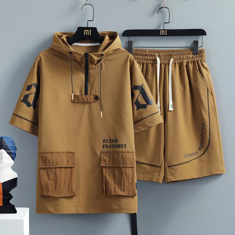 Nieuwe 2025 zomer herensets casual T-shirt en shorts broek 2-delige trainingspakken hiphop streetwear losse korte mouwen capuchon top tees