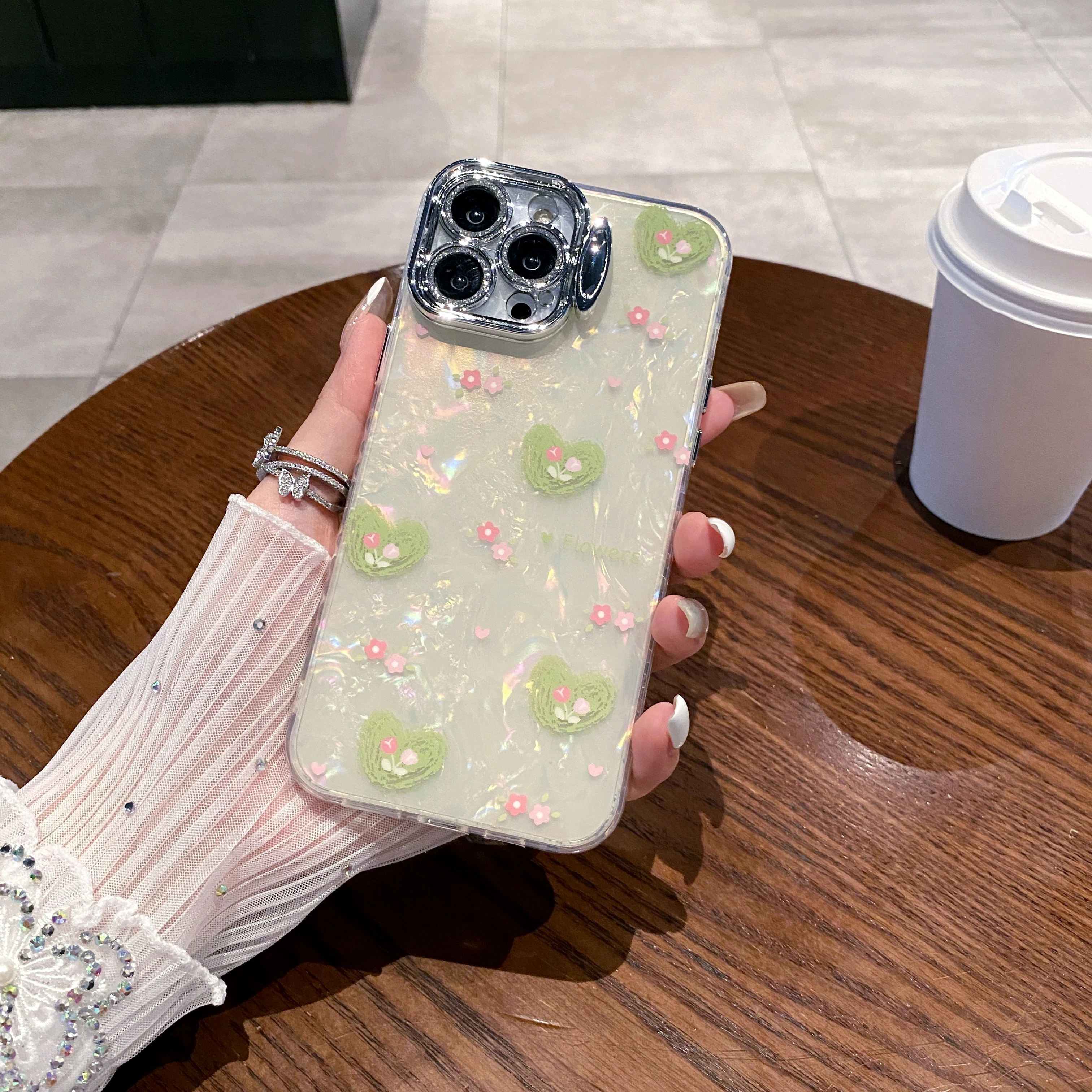 Love Flower with Holder Glitter Camera Protective Hard Acrylic Shockproof Phone Case For IPhone 11 12 13 14 Plus 15 ProMax Cover